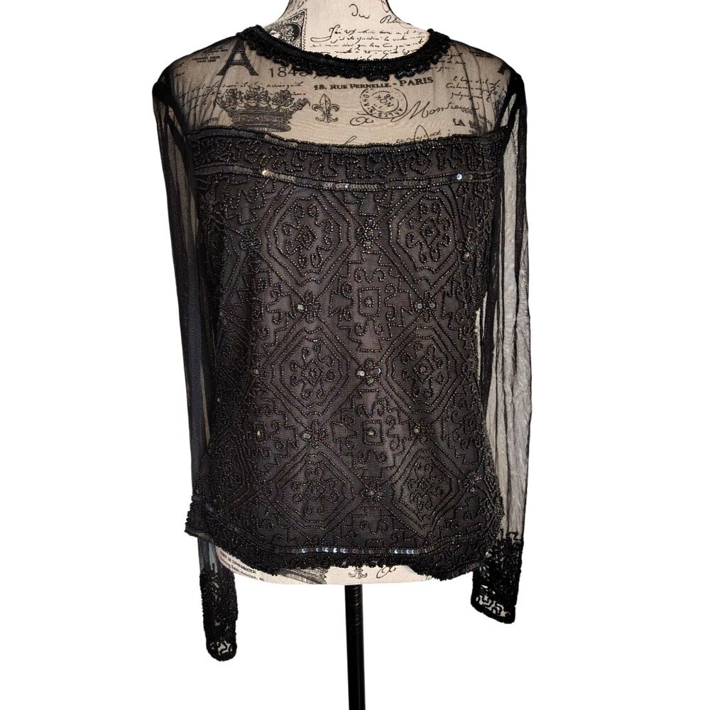 Marina Bresler Black Beaded Sequin Blouse Top, Size 12, Sheer Sleeves Neckline